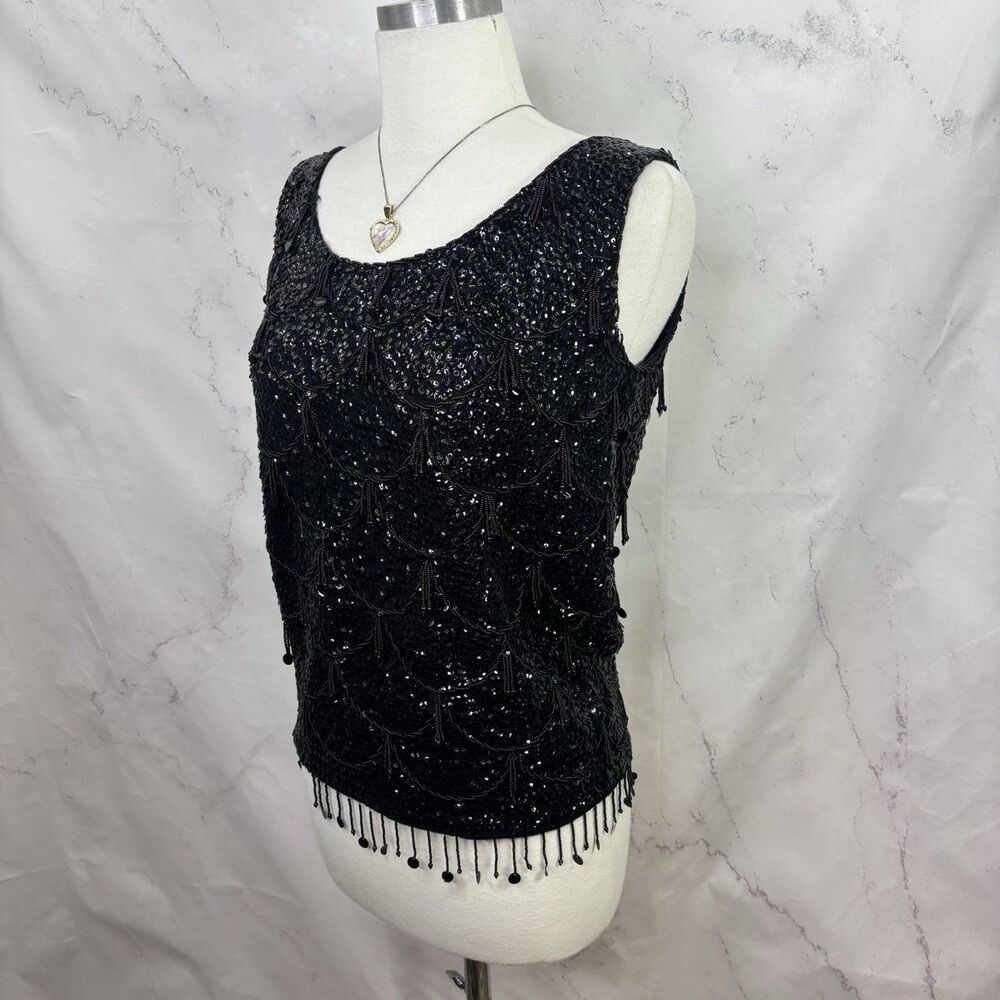 Vintage 60s Flapper Black Shiny Beaded Blouse Top Fringe Sequins Silk M Glam - Picture 16 of 16